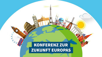 Das Foto zeigt einen grünen Erdball mit Wahrzeichen aus europäischen Städten.