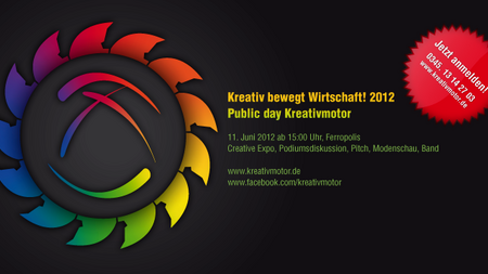 Das Bild zeigt das Logo des Projektes 'Kreativmotor' und zeigt in erster Liniee ein in Regenbogenfarben gestaltetes, stilisiertes Zahnrad.