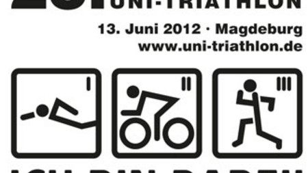 Das Bild zeigt das offizielle Logo des 25. Unitriathlon. Abgebildet sind neben Datum und Ort insbesondere auch drei Piktogramme mit den einzelnen Triathlon Disziplinen.