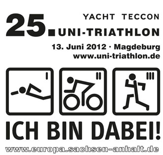 Das Bild zeigt das offizielle Logo des 25. Unitriathlon. Abgebildet sind neben Datum und Ort insbesondere auch drei Piktogramme mit den einzelnen Triathlon Disziplinen.